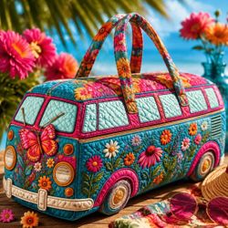 🌺 New! Quilted Vibrant Color Flowers & Butterflies Bus Large Weekender Duffle Tote Bag