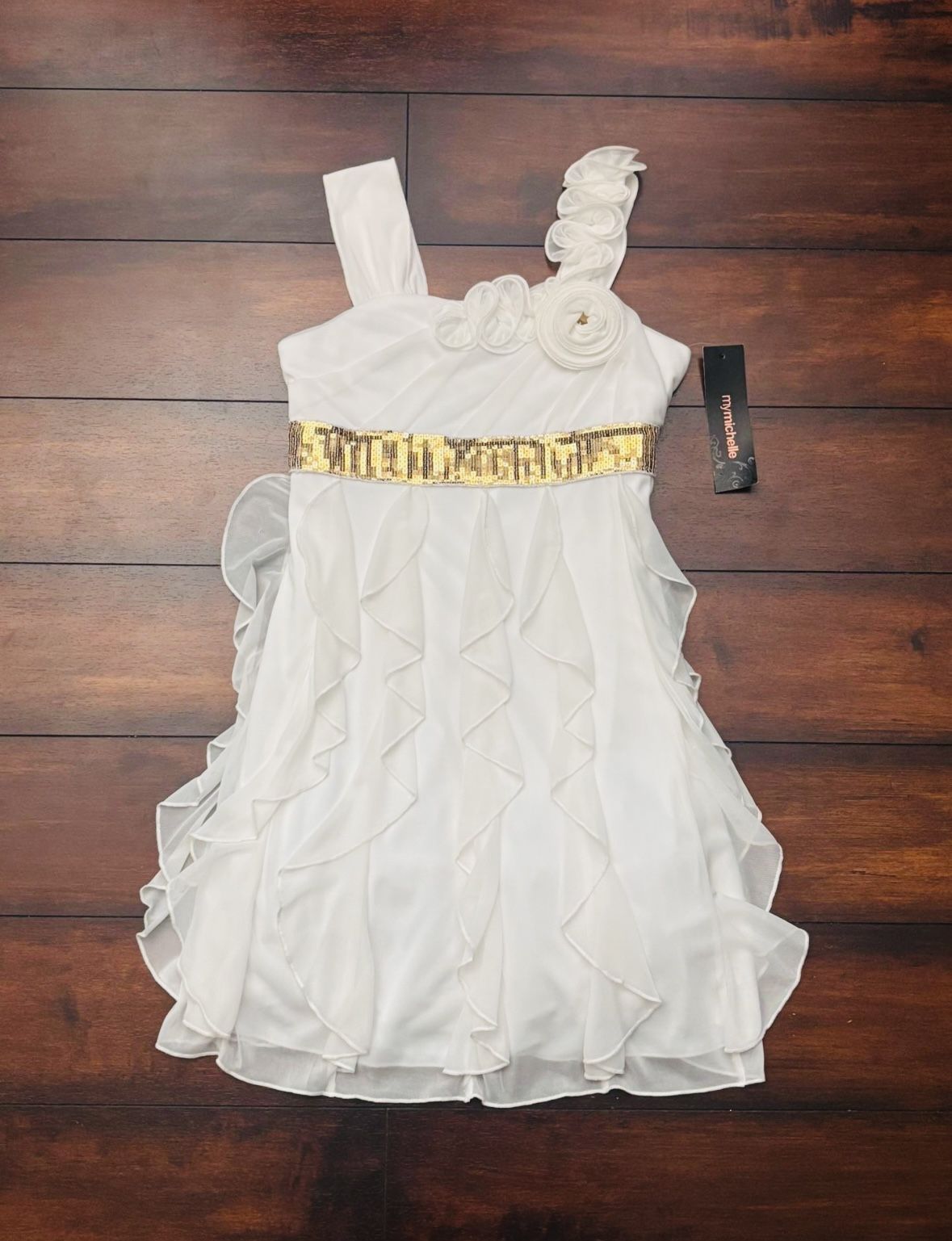Little Girls Clothes New Special Occasion White Dress With Gold Sequin Waist Size 10 Great For The Holidays And Christmas  