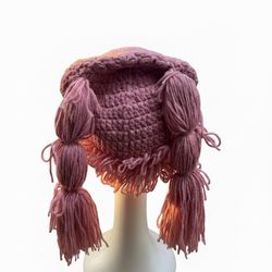 Women's Knitted Pigtail Wig Beanie Handmade with Tassels and Fringe for Stylish Warmth Soft Stretchy and Comfortable Winter Accessory