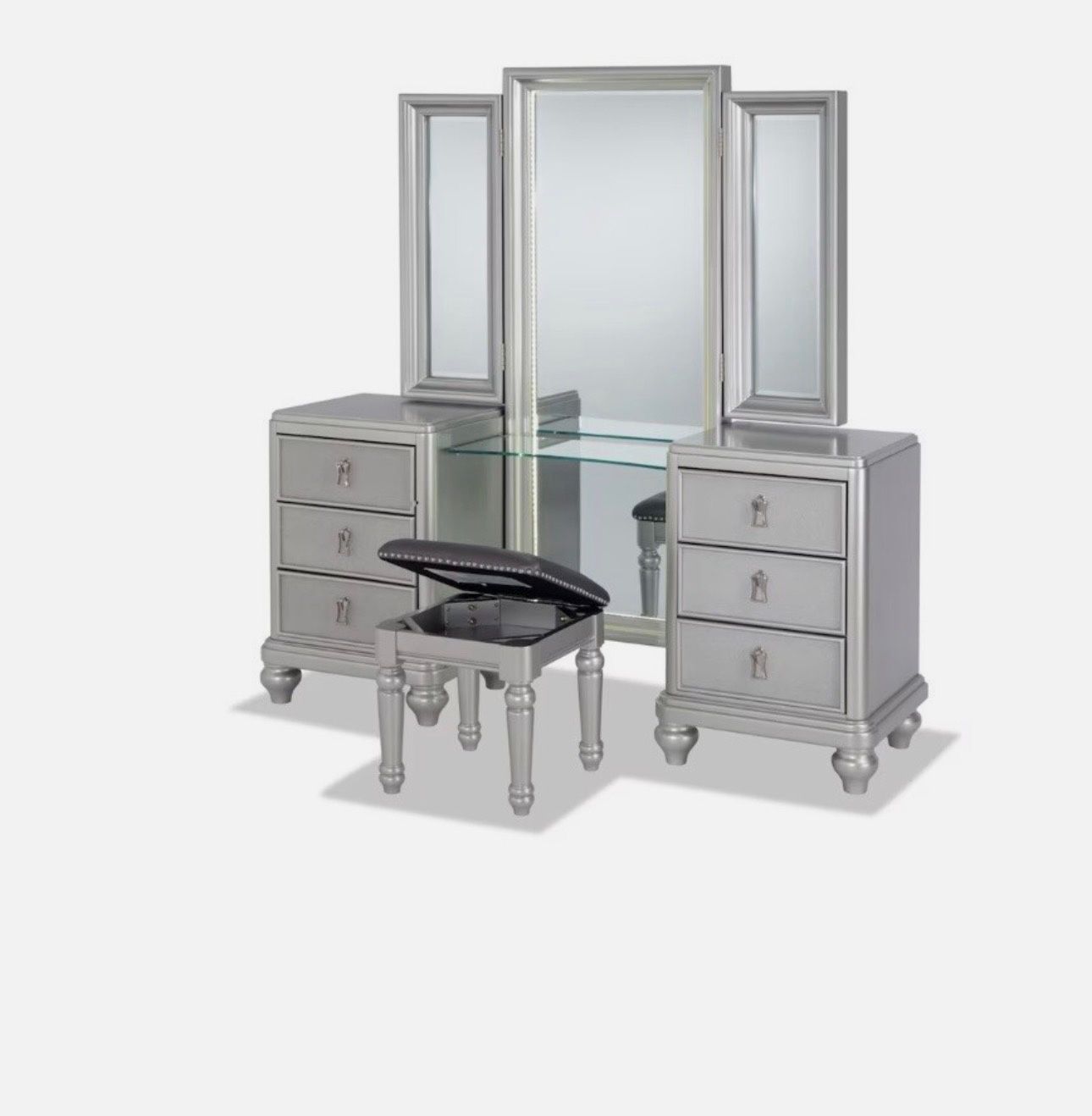 Vanity with lights and stool and queen bed frame with lights