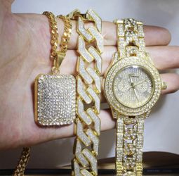 New 18 k yellow gold Cuban chain necklace, watch, bracelet