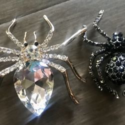 2 Crystal Halloween Spider Pin Brooches Gold & Black Silver