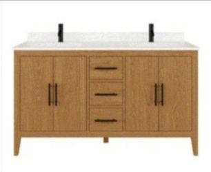ART BATHE Vienna 60 in. W x 22 in. D Bath Vanity in White Oak Diamond Quartz Top with White Sink Power Bar and Drawer Organizer