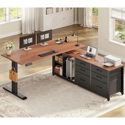 L-Shaped Electric Height Adjustable Desk With Storage, Black + Brown, 55