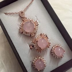 Rose quartz Moissanite Jewelry Set Rosegold 