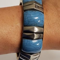 Brutalist Brass Bangle Bracelet With Faux Turquoise Boho Mid Century Style