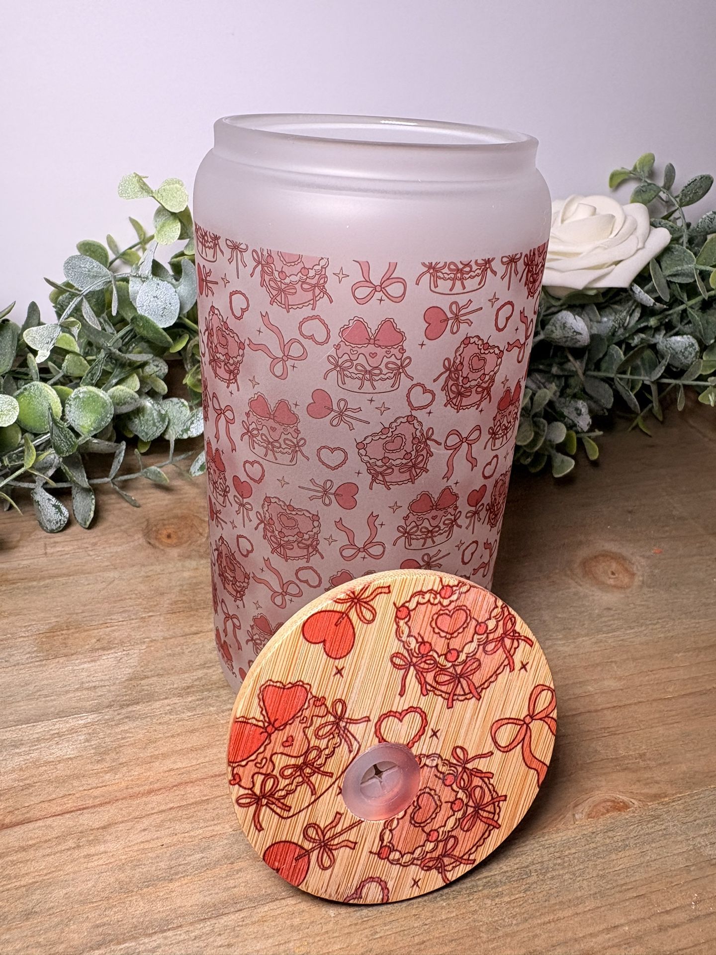 Pink Coquette Bow Frosted Glass Cup | 16oz Cute Valentine Aesthetic Can Glass | Heart Bow Iced Coffee Cup | Gift for Her