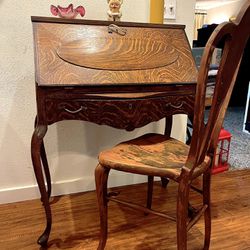 **Tiger Oak Queen Anne Secretary Desk & Chair for Sale**