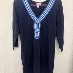 Lilly Pulitzer Clarkson French Terry dress True Navy Geometric Neckline Size L