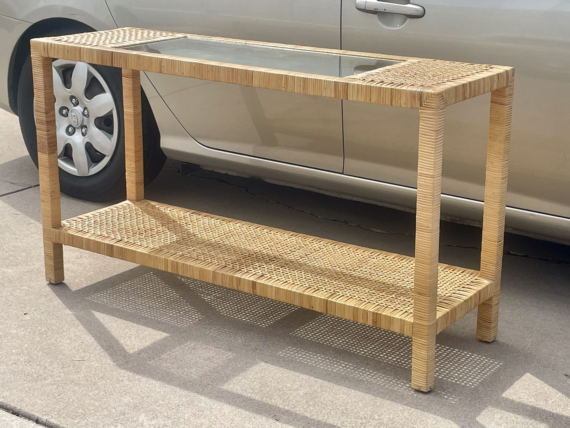 Nice 48” Vintage Rattan Wicker Console Table Side Table w/ Glass Top