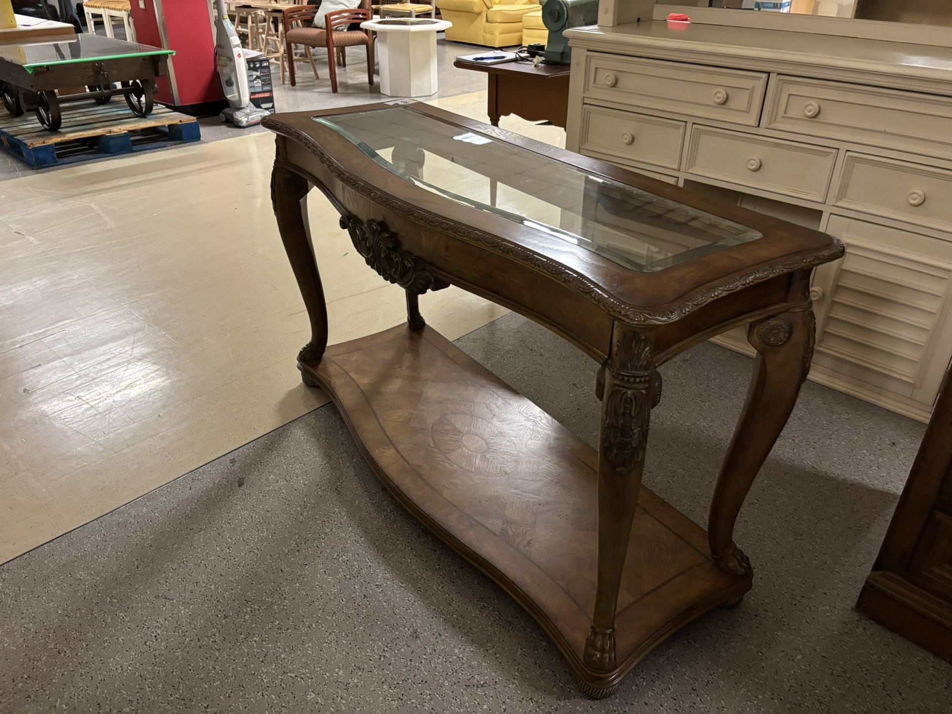 Ornate Wood and Glass Console Table