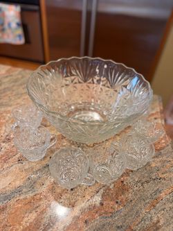 Vintage Punch Bowl With 7 Glasses, 8 Hooks, Ladle