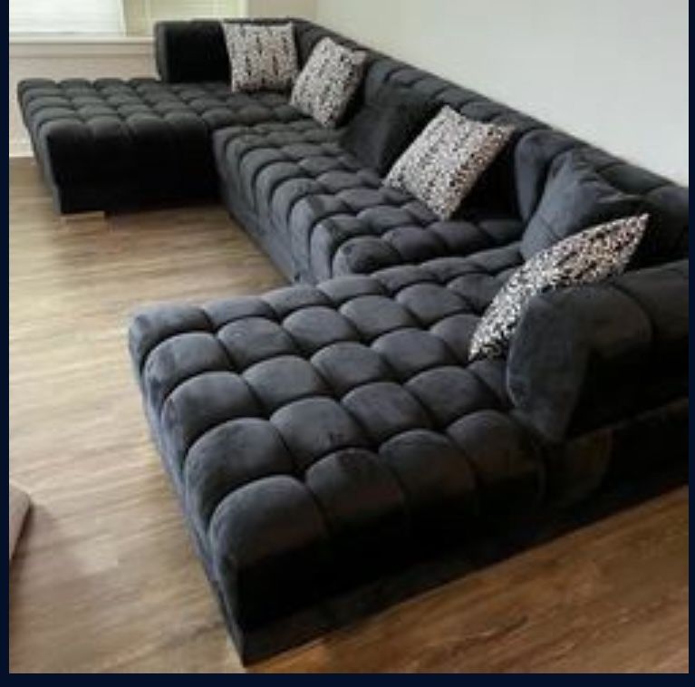 Lipa Black Velvet Double Chaise "U" Shape Sectional Sofa