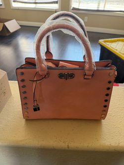 Pink Studded Structured Handbag with Lock Charm