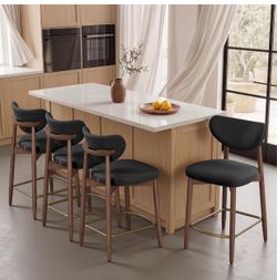 Wooden Bar Stools Set of 4. Synthetic Leather, Ink Black Mid Century Modern, Synthetic Leather, Solid Wood Legs, Ergonomic Backrest, Ink Black, MAZIE 