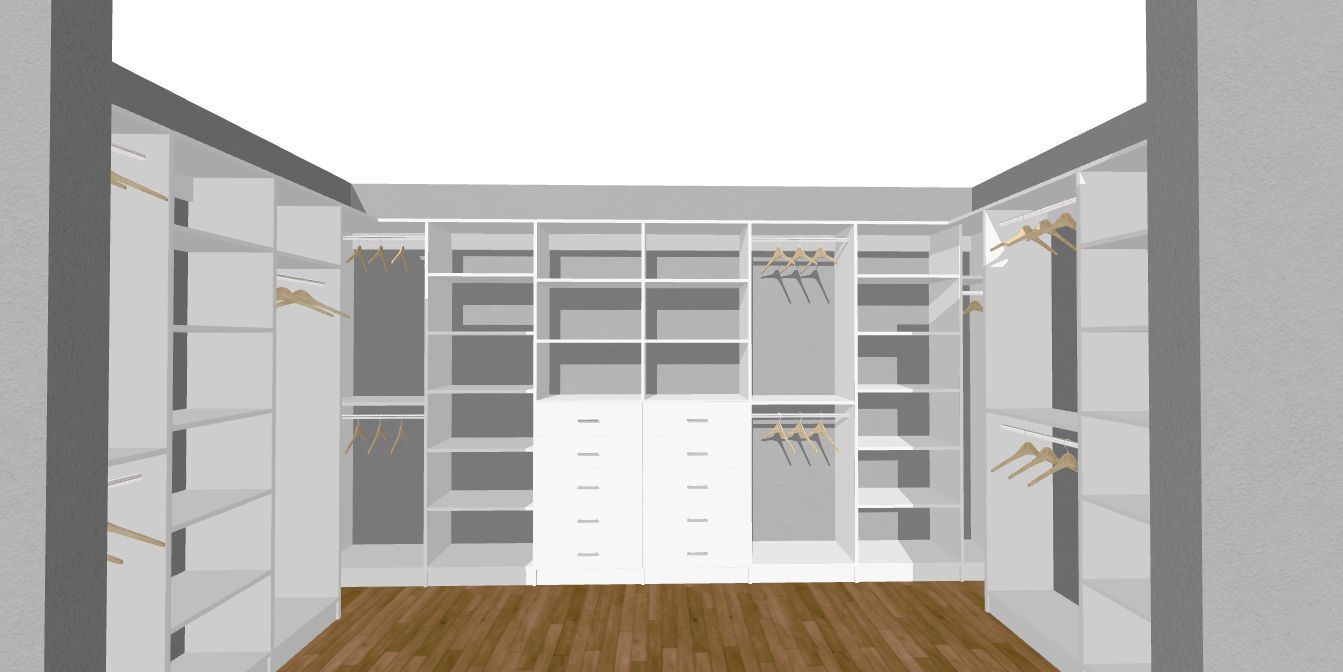 Master Walk-In White Closet with Flat Drawer Fronts. Everything is adjustable.