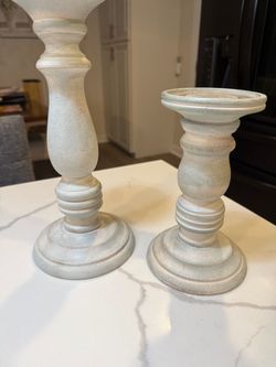 Whitewashed Wood Pillar Candlestick Holders Set of 2