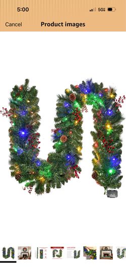 New Christmas Garland with Lights 9FT, Lighted Christmas Garland Battery Powered 8 Lighting Modes, 50 LED Lights Garland, Red Berry, Christmas Pine Co