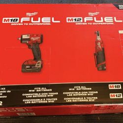 Brand New M18 Fuel 18V Cordless Mid Torque 1/2in Impact Wrench-M12 Fuel 3/8 Ratchet & Battery Charger Combo