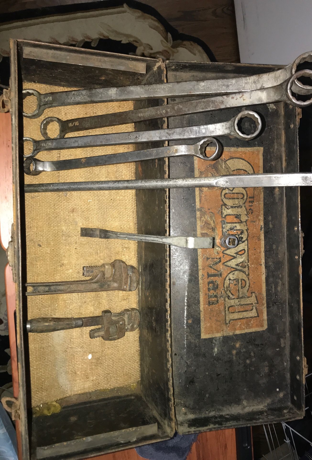 Very rare Cornwell toolbox and tools along with some pipe wrenches