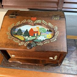 Vintage Hand Painted Wooden Bread Box – Folk Art Farm Scene