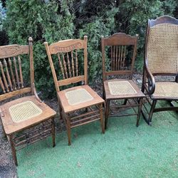 Victorian Antique 3 Wooden Cane Seat Chairs & Rocking Chair