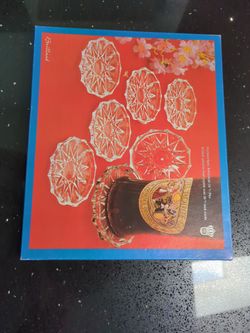 Vintage Brillant Lead Crystal Coaster Set Of 6 With Larger Tray Original Box. 6 coasters are 3.25" across and the large piece is 4" across.