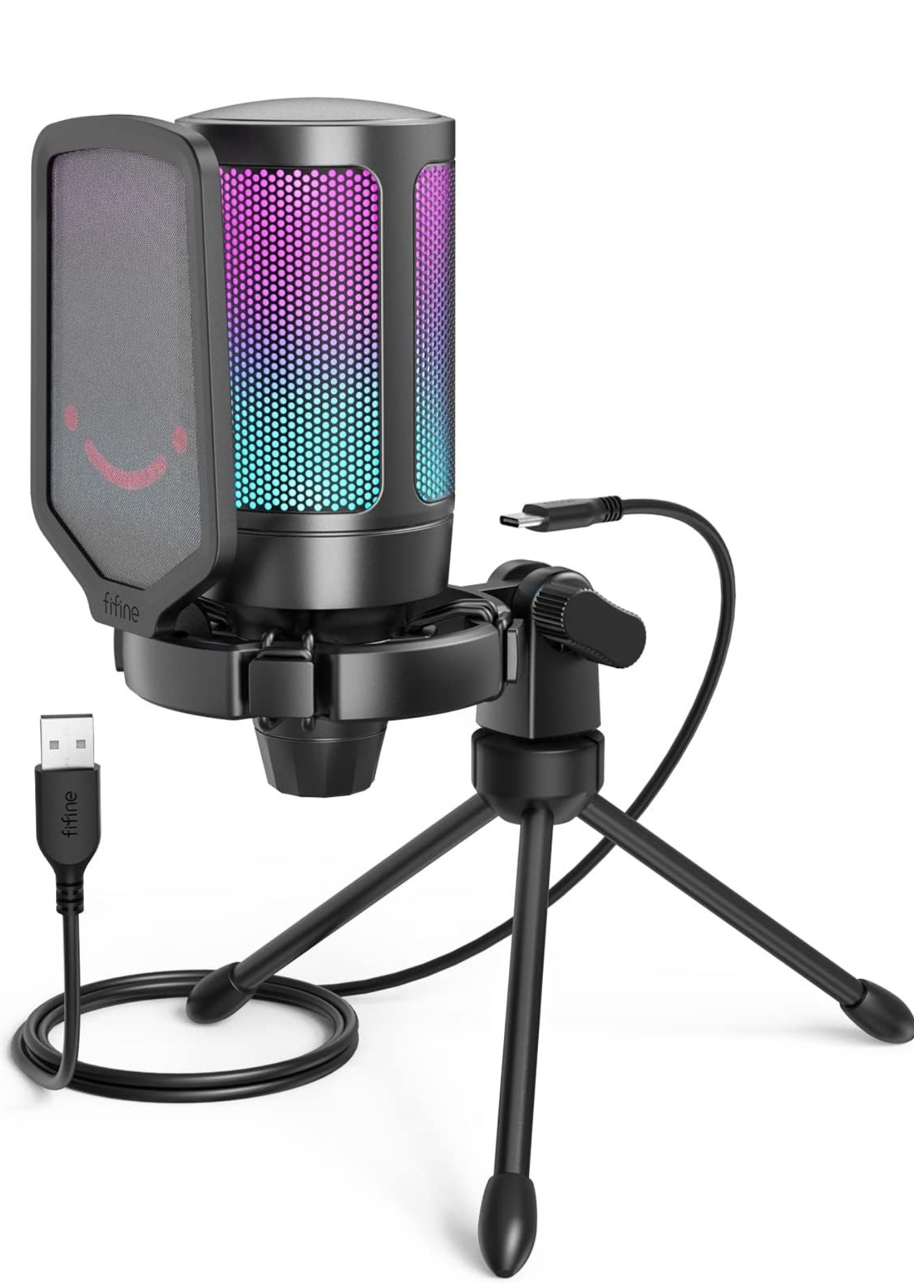 FIFINE USB Gaming Microphone for PC PS5, Condenser Mic with Quick Mute, RGB Indicator, Tripod Stand, Pop Filter, Shock Mount, Gain Control for Streami