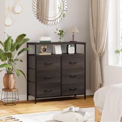 Fabric Dresser for Bedroom with 6 Drawers, Dresser TV Stand with Open Shelves, Chest of Drawers for Closet, Clothes, Wood Top, Fabric Drawers