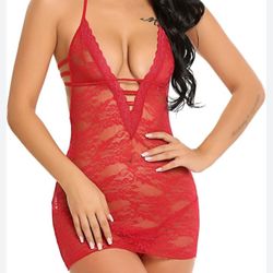 Lingerie  Red Halter Lace Chemise Sleepwear Babydoll