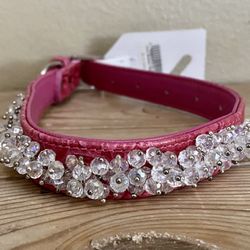 MIRAGE Pet Dog Collar Pink Faux Croc Crystal Beaded Studded Bling Size 14 