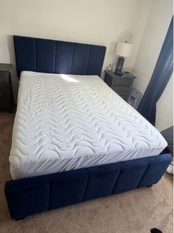 Queen Navy Blue Velvet Upholstered Bed Frame