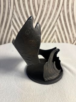 Mid century modern black cast iron fish bottle/candle holder