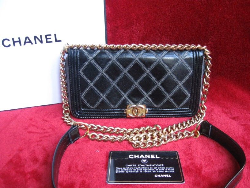 Authentic Chanel Black Leather Long  Boy Bag Wallet