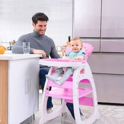 High Chair 3-in-1 Convertible Toddler Table Baby Booster Seat with Feeding Tray, Pink, NEW 
