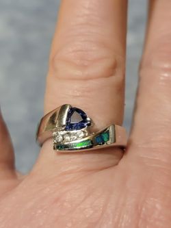 Beautiful Solid 925 Silver Ring With Natural Blue Sapphire, AAA Cz's And Blue Fire Opal. Size 7.