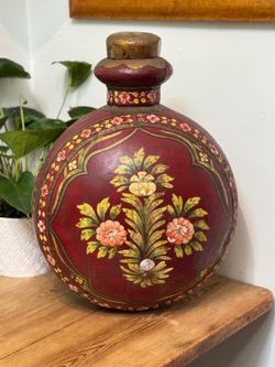 Vintage Hand Painted Decorative Wooden Vessel / Folk Art Urn