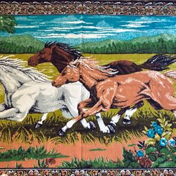Vintage Horse Stallions Mustangs Running In Fields Velvety Wall Art Bohemian Floral Tapestry