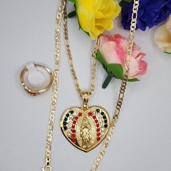 Virgin Mary Set 3-colors Stones Chain With Ring 7.9.10