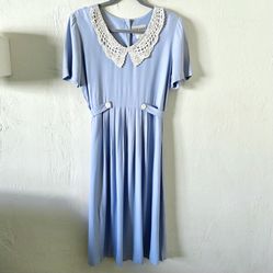 Vintage 1980s Cottagecore Light Blue Lace Collared Midi Dress | Small / Medium