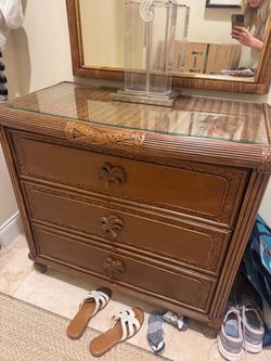 Rattan 3-Drawer Dresser with Glass Top