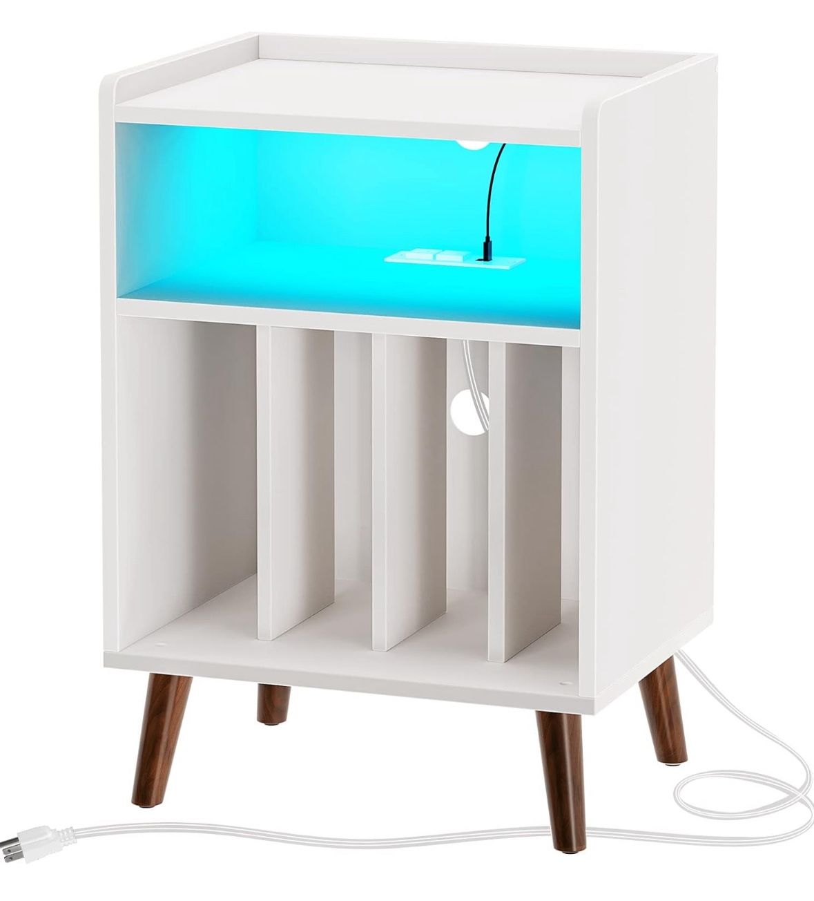 End Table with Charging Station, Record Player Stand with LED Lights, Nightstand with Storage Shelf