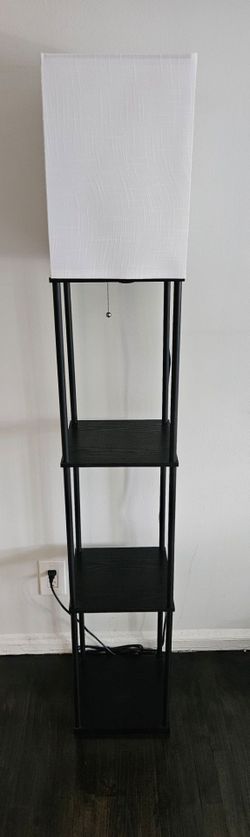 Floor lamp with shelves and white linen Shade