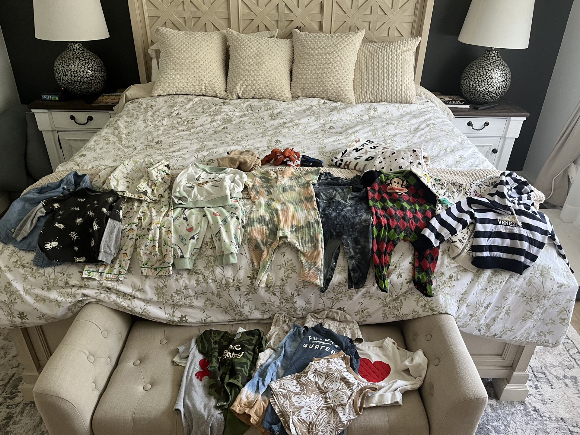 Boy 9-18 Month Clothes, Sunglasses, Blanket, And Burp Cloths