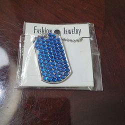 Simple Blue Rhinestone Geometric Dog Tag  Pendant Metal  Chain Necklace
