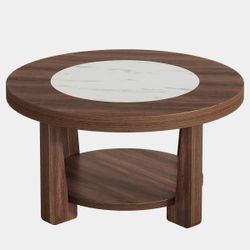 Coffee Table, 2-Tier Round Coffee Table with Heavy-Duty Wood Tabletop for Living Room, Industrial Circle Wood Accent Center Table with Storage, Brown 