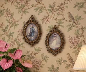 Vintage Italy Gold Filigree Oval Framed Art Pair 2 Wall Hanging Frames Convex Glass Signed Miniature Small Collectible Italian