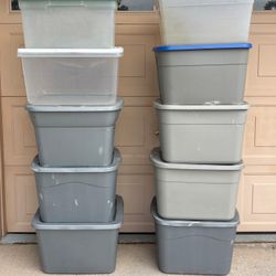Pack of 10 Sterilite 18 Gallon Large Storage Bin, Plastic Storage Container with Snap-On Lid, Gray and 3 clear. 