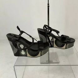 Coach "Anette" Designer Black Leather T-Strap Platform Wedge Sandals 5.5B