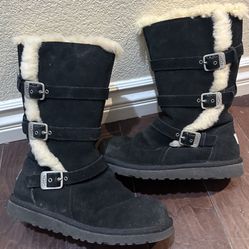 UGG Australia BLACK Sheep Lined WINTER ZIP UP BOOTS Three  Buckle Size 5 